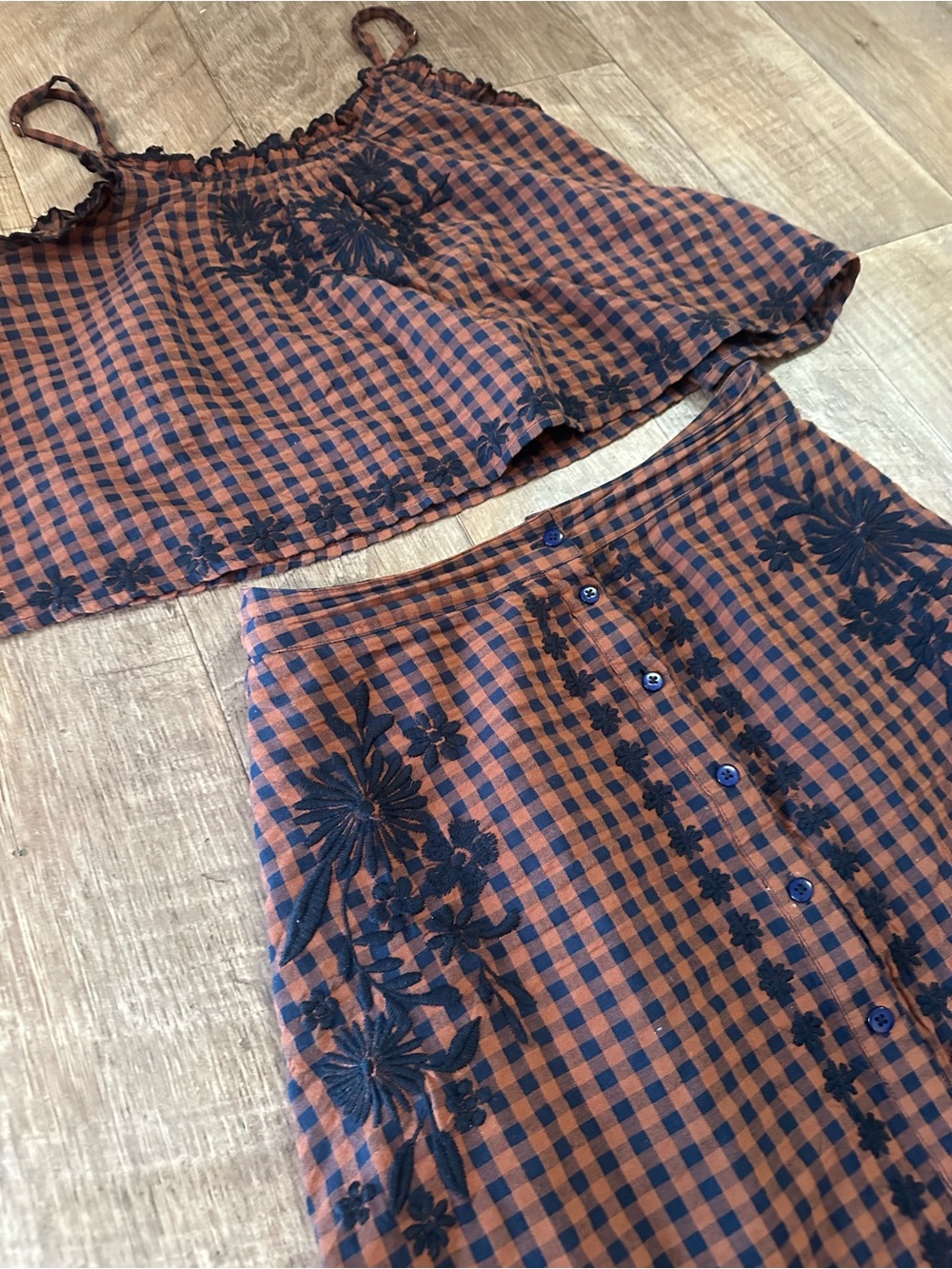 NATURAL LIFE Rust and Black Gingham Embroidered Two-Piece Skirt Set - Picture 3 of 6